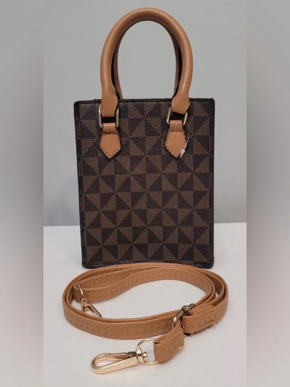 Structured Brown Geometric Triangle Mini Satchel Crossbody Bag with Tan Handles